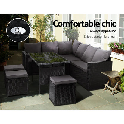 Gardeon Outdoor Furniture Dining Setting Sofa Set Lounge Wicker 9 Seater Black