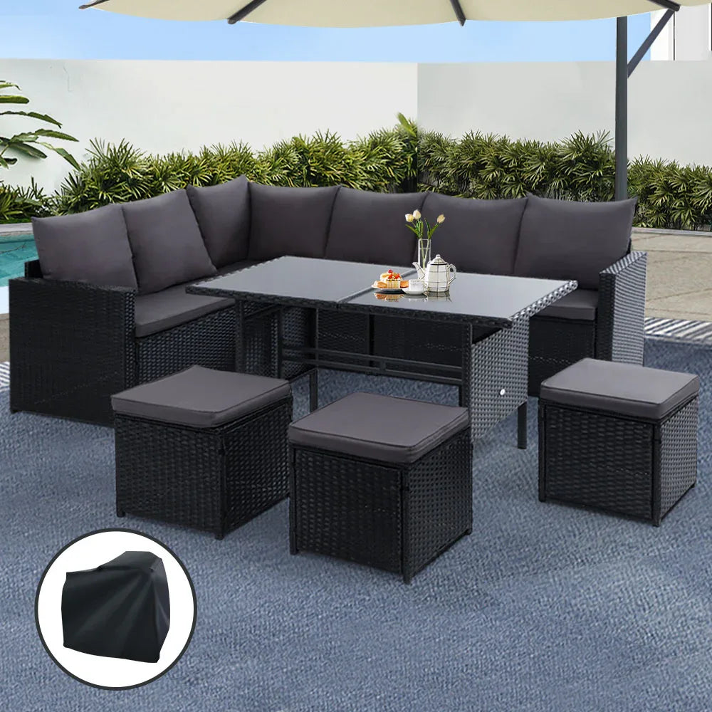 Gardeon Outdoor Dining Set Sofa Lounge Setting Chairs Table Ottoman Black Cover - Mekamart Australia