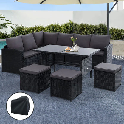 Gardeon Outdoor Dining Set Sofa Lounge Setting Chairs Table Ottoman Black Cover - Mekamart Australia