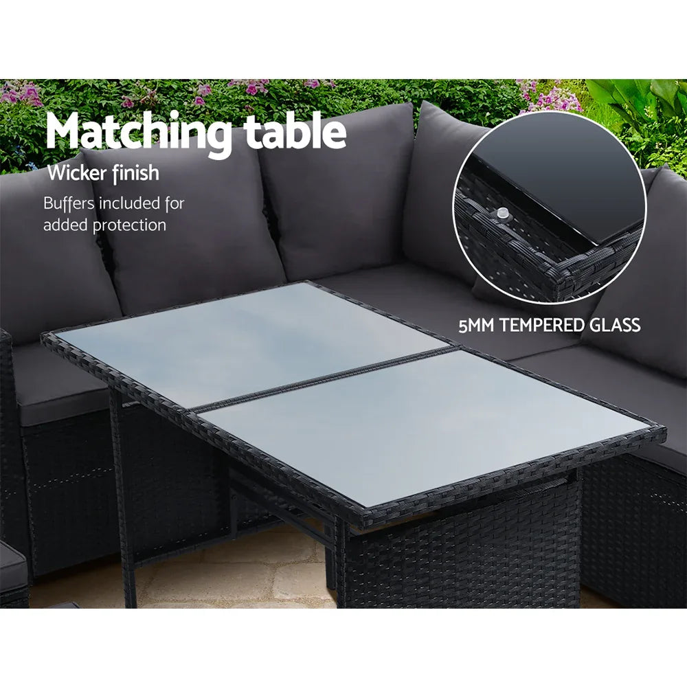 Gardeon Outdoor Dining Set Sofa Lounge Setting Chairs Table Ottoman Black Cover - Mekamart Australia