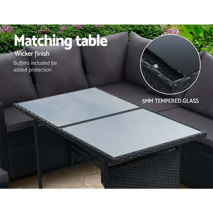 Gardeon Outdoor Dining Set Sofa Lounge Setting Chairs Table Ottoman Black Cover - Mekamart Australia