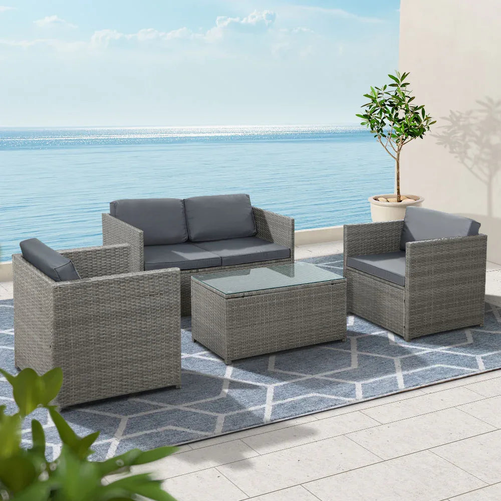Gardeon 4-Piece Outdoor Sofa Set Wicker Couch Lounge Setting Grey - Mekamart Australia