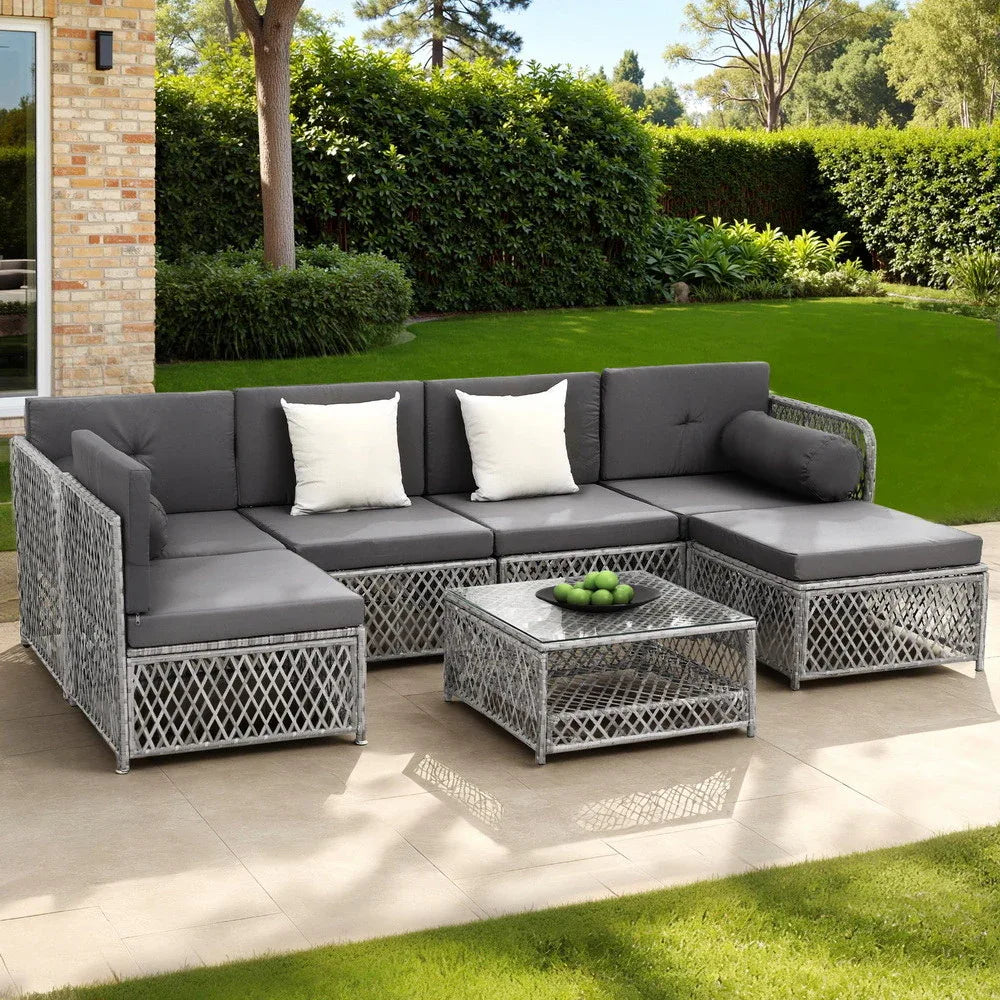 Gardeon 6 Seater Outdoor Sofa Set 7PCS Table Chair Set Garden Rattan Patio Furniture - Mekamart Australia