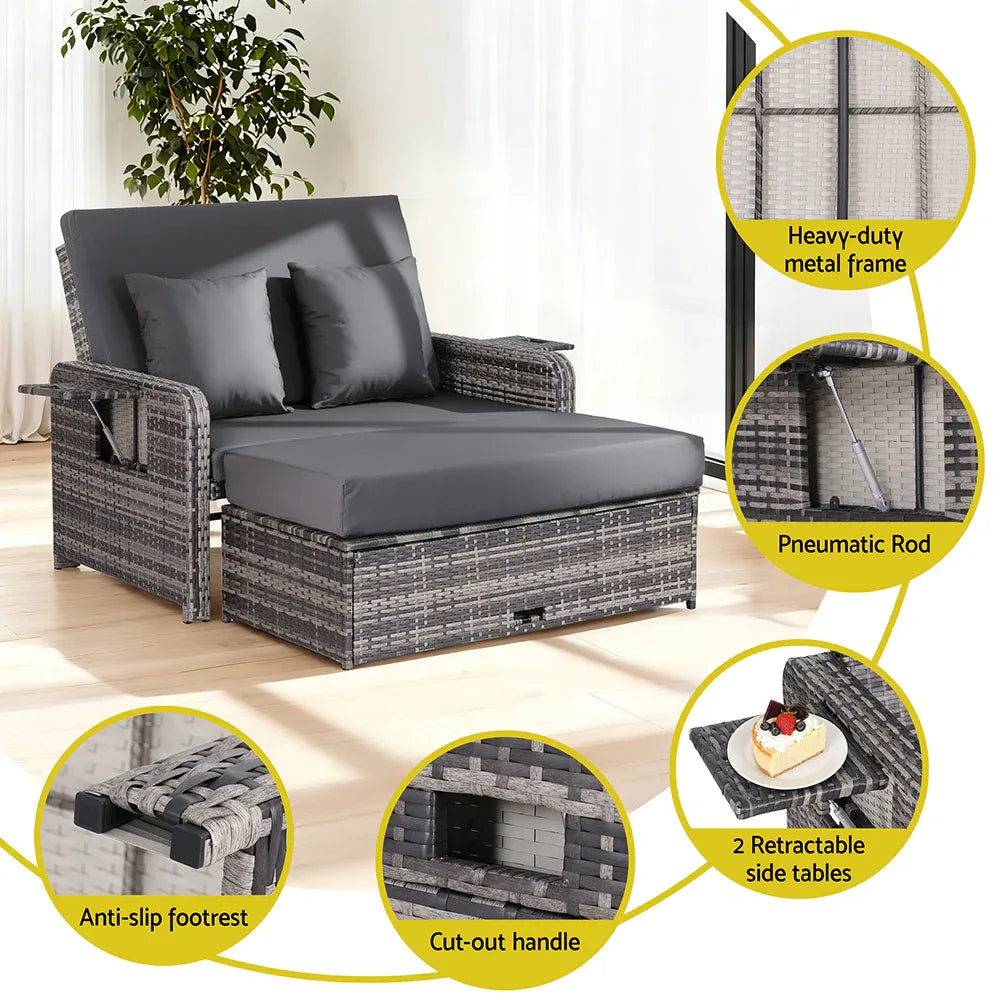 Gardeon Outdoor Day Bed Sun Lounge Setting Wicker Lounger Patio Furniture Grey - Mekamart Australia
