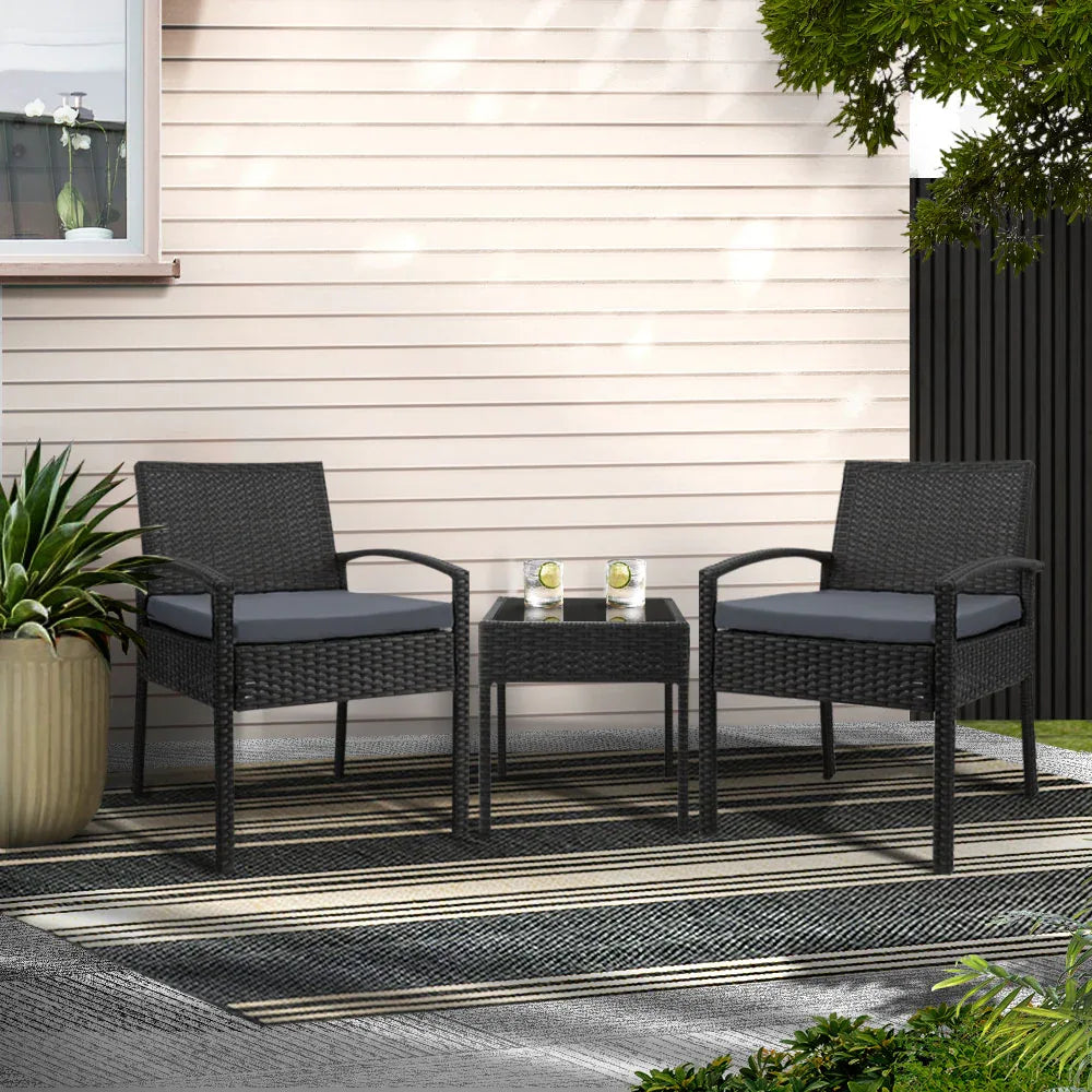 Gardeon 3PC Patio Furniture Bistro Set Wicker Outdoor Lounge Setting Black - Mekamart Australia