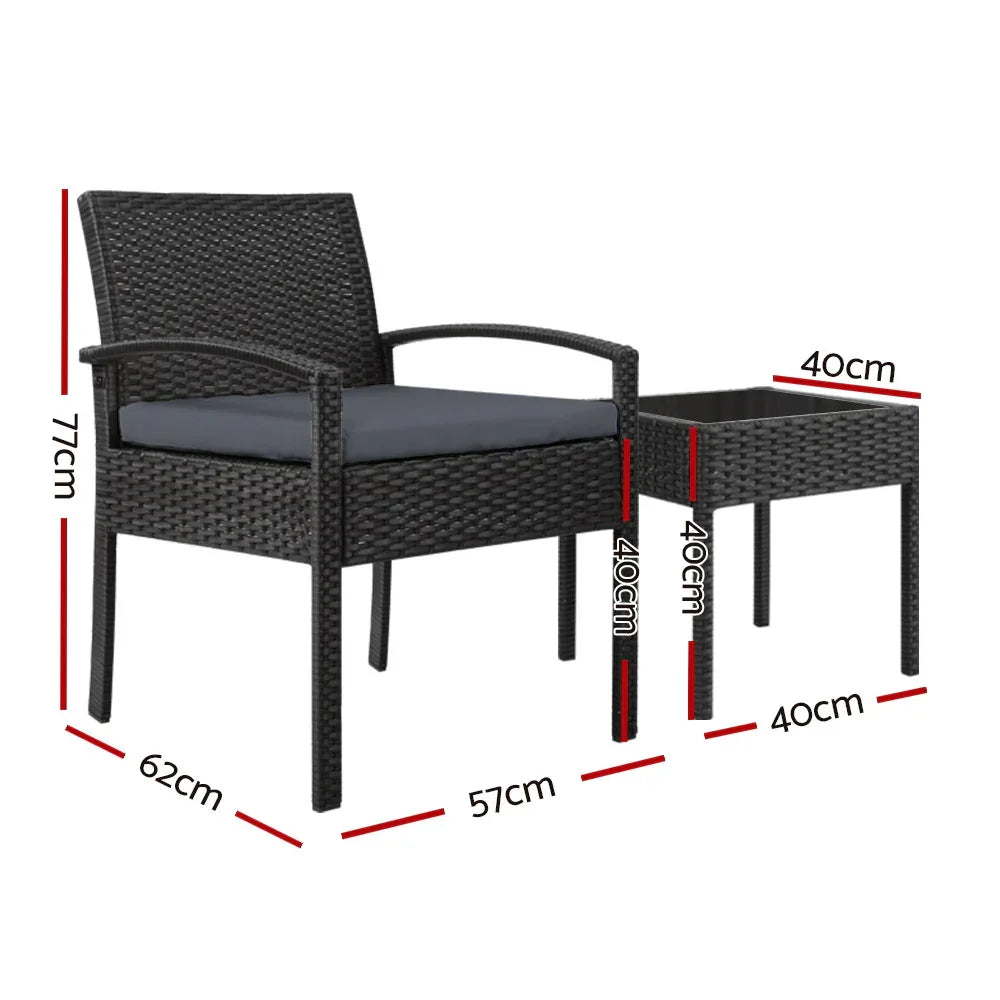 Gardeon 3PC Patio Furniture Bistro Set Wicker Outdoor Lounge Setting Black - Mekamart Australia