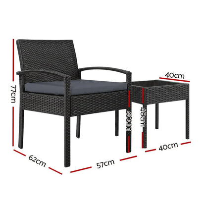 Gardeon 3PC Patio Furniture Bistro Set Wicker Outdoor Lounge Setting Black - Mekamart Australia