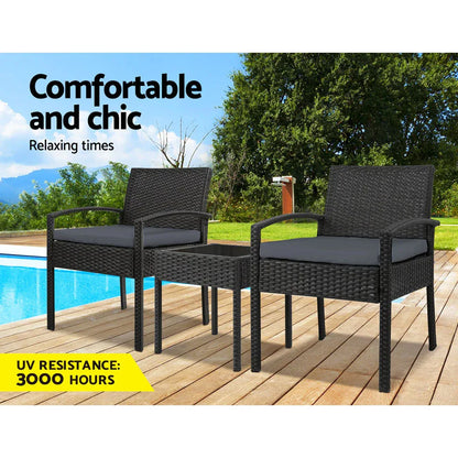 Gardeon 3PC Patio Furniture Bistro Set Wicker Outdoor Lounge Setting Black - Mekamart Australia