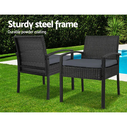 Gardeon 3PC Patio Furniture Bistro Set Wicker Outdoor Lounge Setting Black - Mekamart Australia