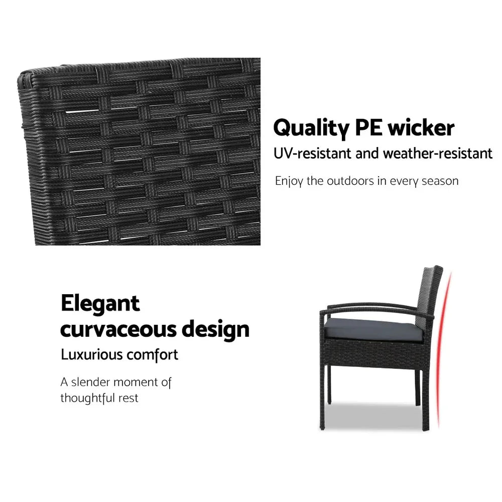 Gardeon 3PC Patio Furniture Bistro Set Wicker Outdoor Lounge Setting Black - Mekamart Australia