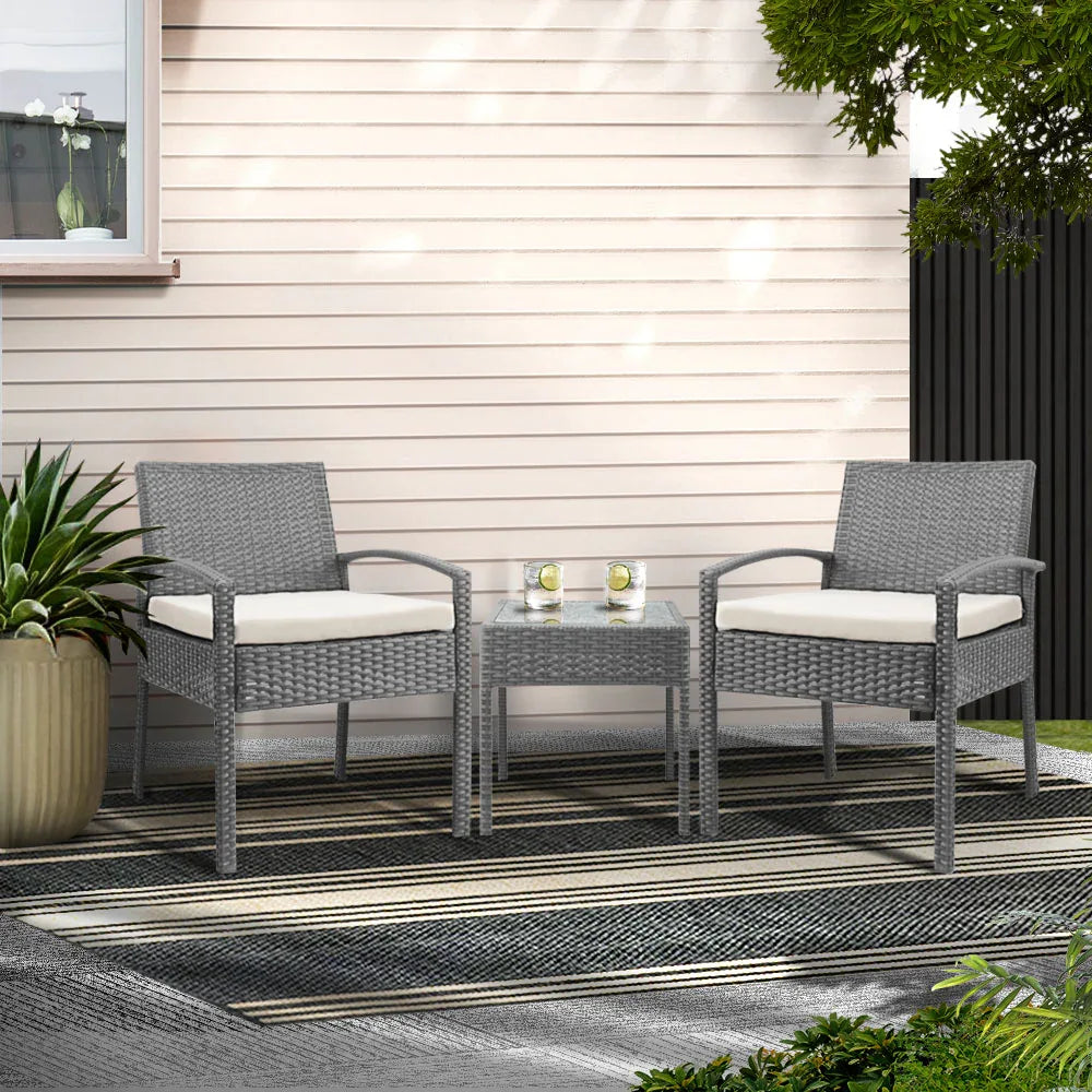 Gardeon 3PC Patio Furniture Bistro Set Wicker Outdoor Lounge Setting Grey - Mekamart Australia