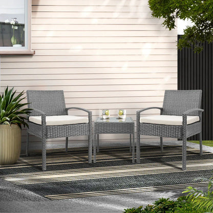 Gardeon 3PC Patio Furniture Bistro Set Wicker Outdoor Lounge Setting Grey - Mekamart Australia