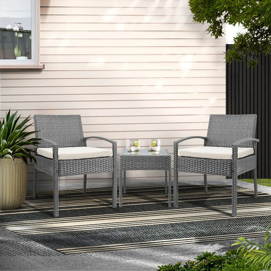 Gardeon 3PC Patio Furniture Bistro Set Wicker Outdoor Lounge Setting Grey - Mekamart Australia