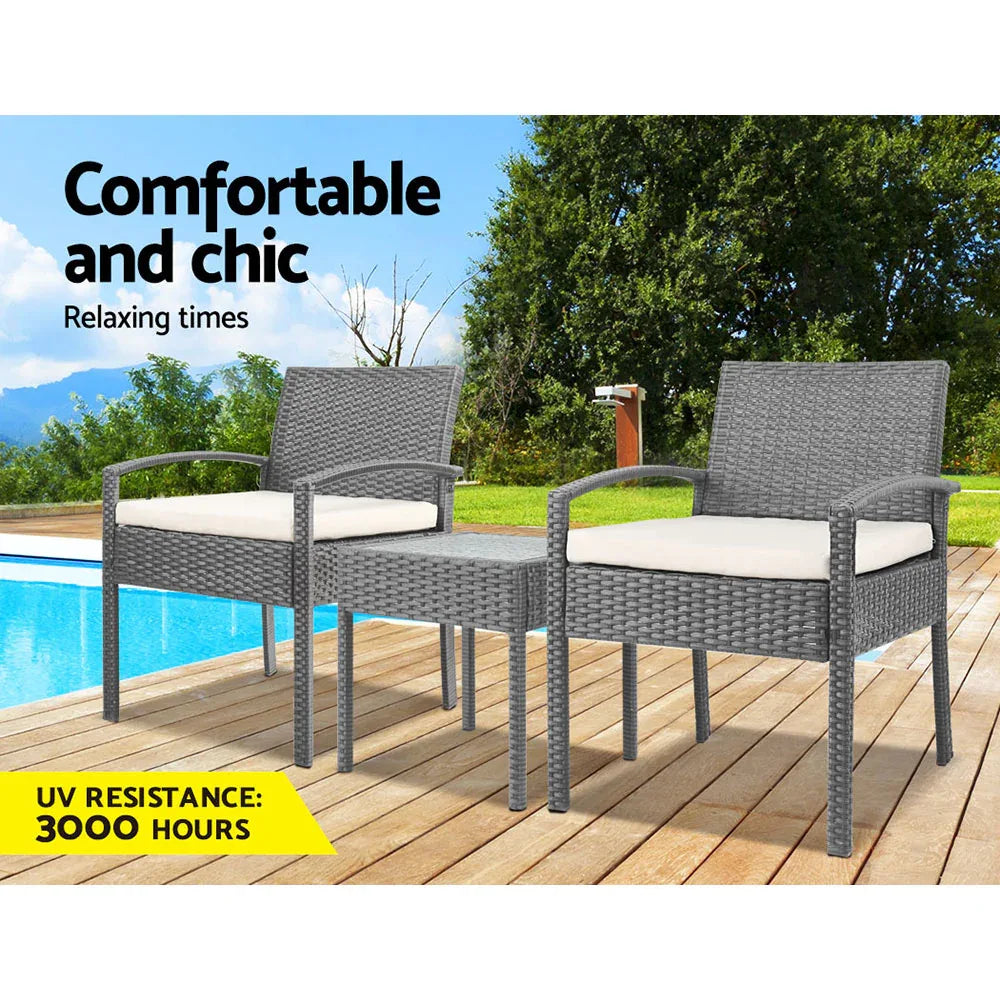 Gardeon 3PC Patio Furniture Bistro Set Wicker Outdoor Lounge Setting Grey - Mekamart Australia