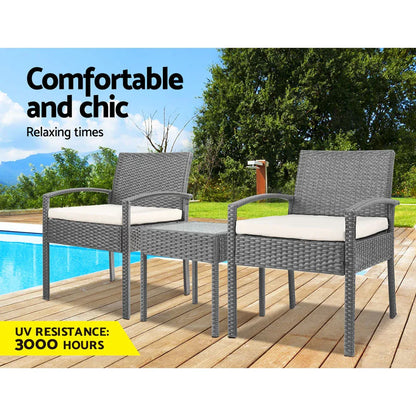 Gardeon 3PC Patio Furniture Bistro Set Wicker Outdoor Lounge Setting Grey - Mekamart Australia
