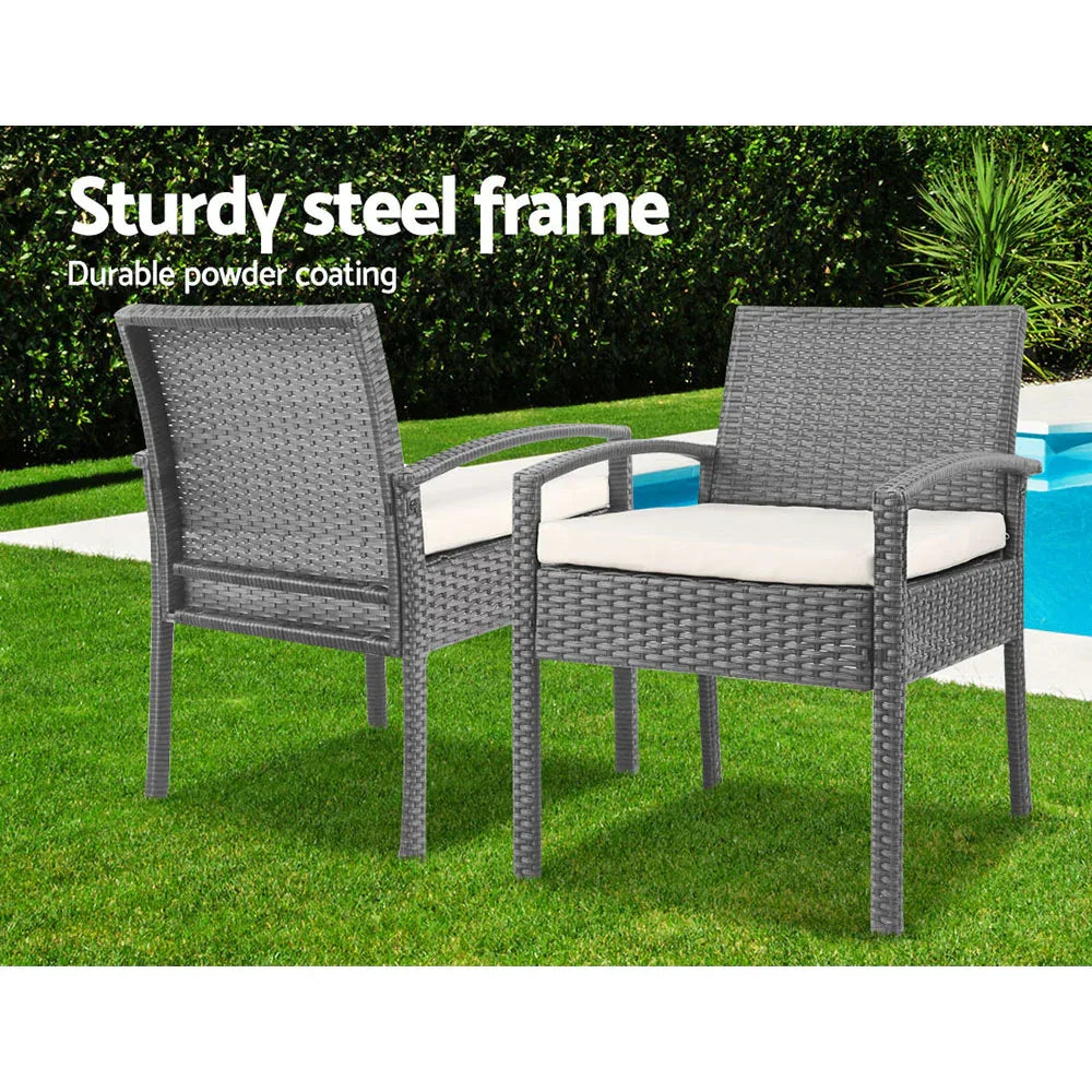 Gardeon 3PC Patio Furniture Bistro Set Wicker Outdoor Lounge Setting Grey - Mekamart Australia