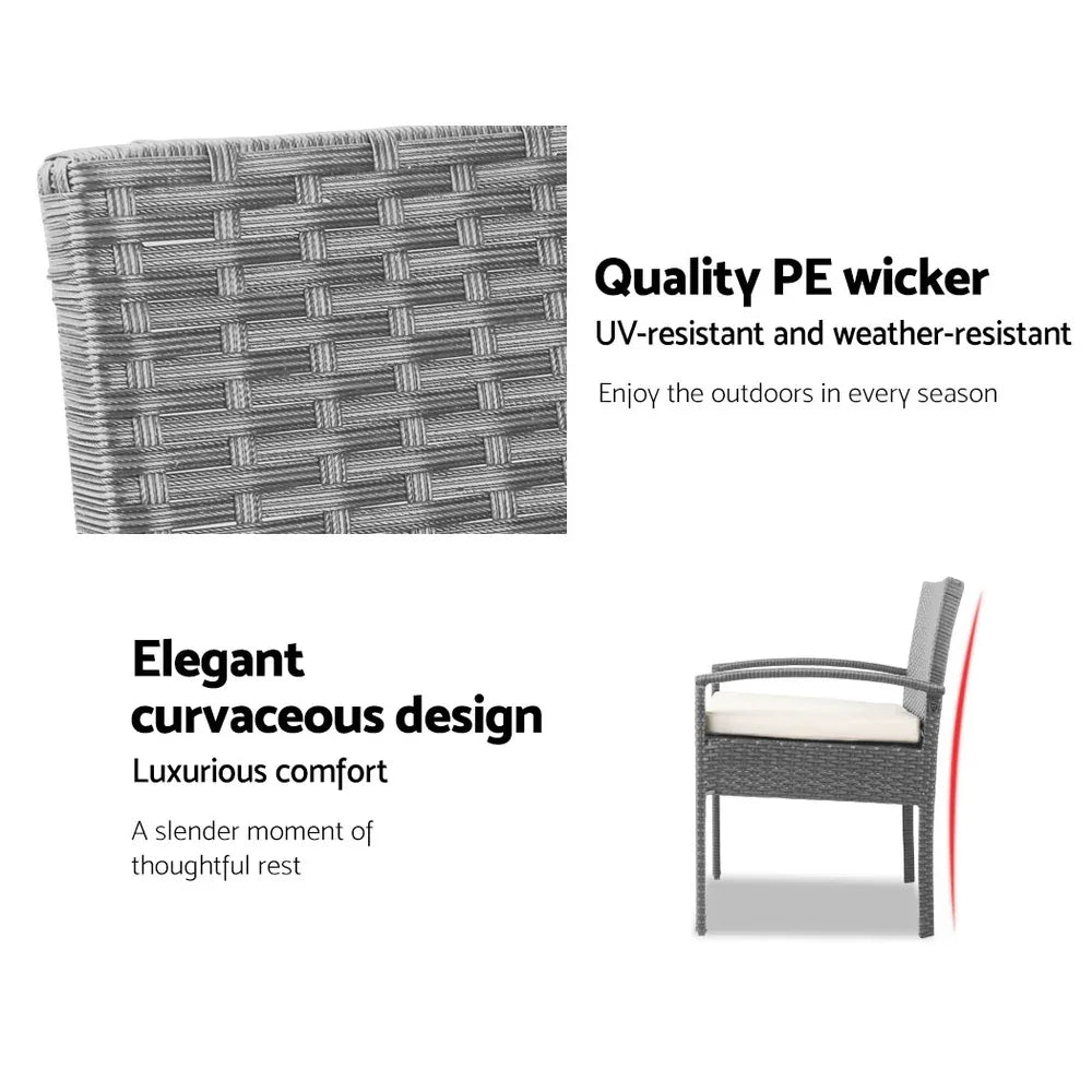 Gardeon 3PC Patio Furniture Bistro Set Wicker Outdoor Lounge Setting Grey - Mekamart Australia