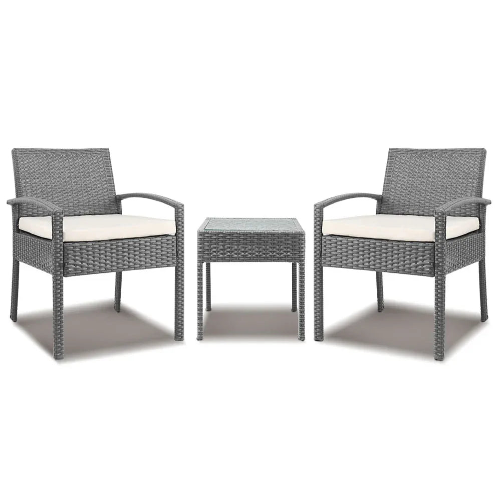 Gardeon 3PC Patio Furniture Bistro Set Wicker Outdoor Lounge Setting Grey - Mekamart Australia