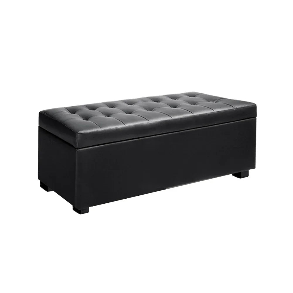 Artiss Storage Ottoman Blanket Box 97cm Leather Black - Mekamart Australia