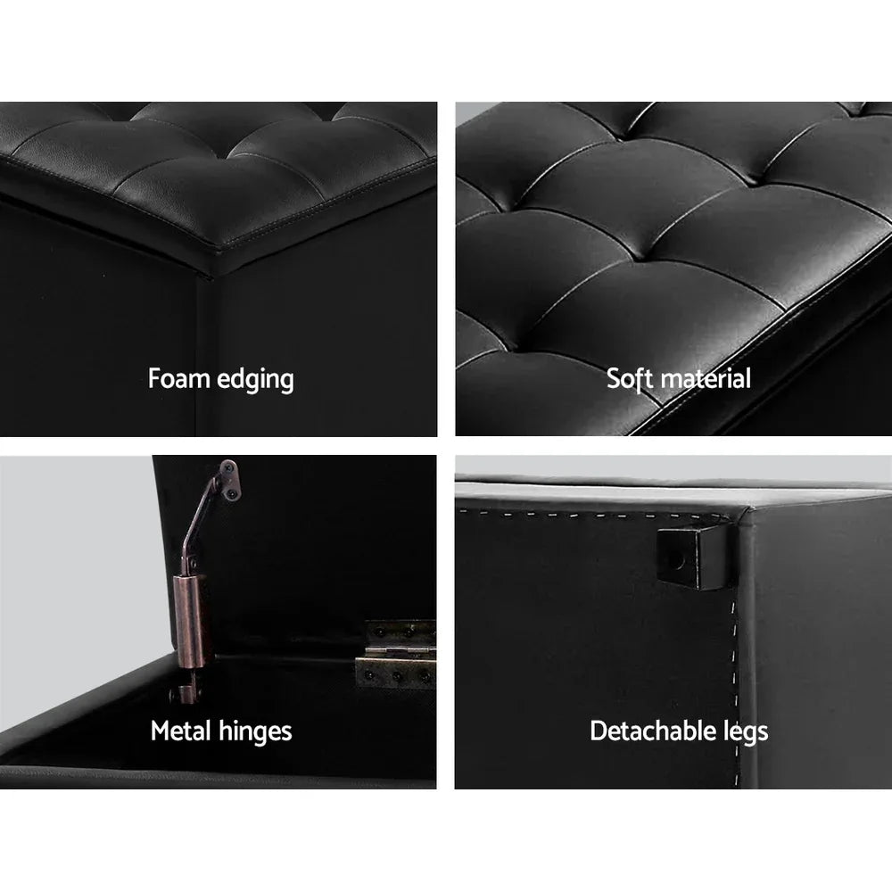 Artiss Storage Ottoman Blanket Box 97cm Leather Black - Mekamart Australia