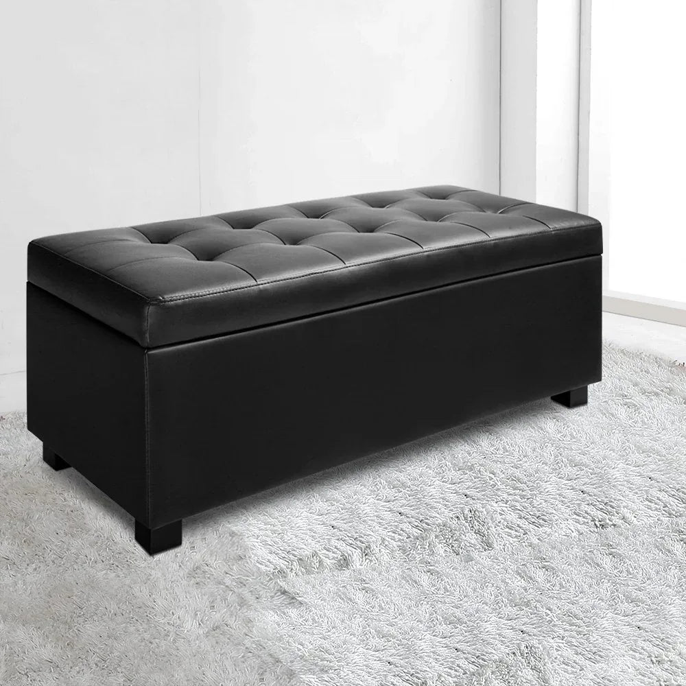 Artiss Storage Ottoman Blanket Box 97cm Leather Black - Mekamart Australia