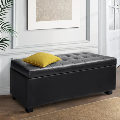 Artiss Storage Ottoman Blanket Box 97cm Leather Black - Mekamart Australia