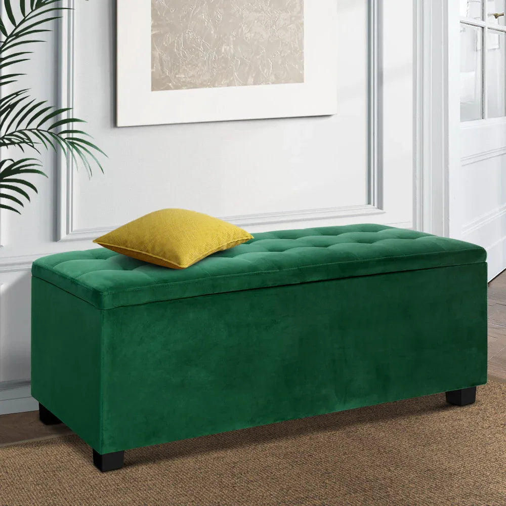 Artiss Storage Ottoman Blanket Box 97cm Velvet Green - Mekamart Australia