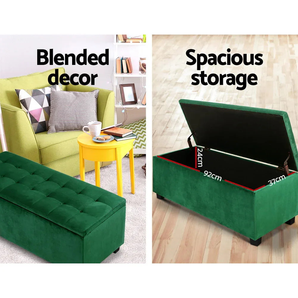 Artiss Storage Ottoman Blanket Box 97cm Velvet Green - Mekamart Australia