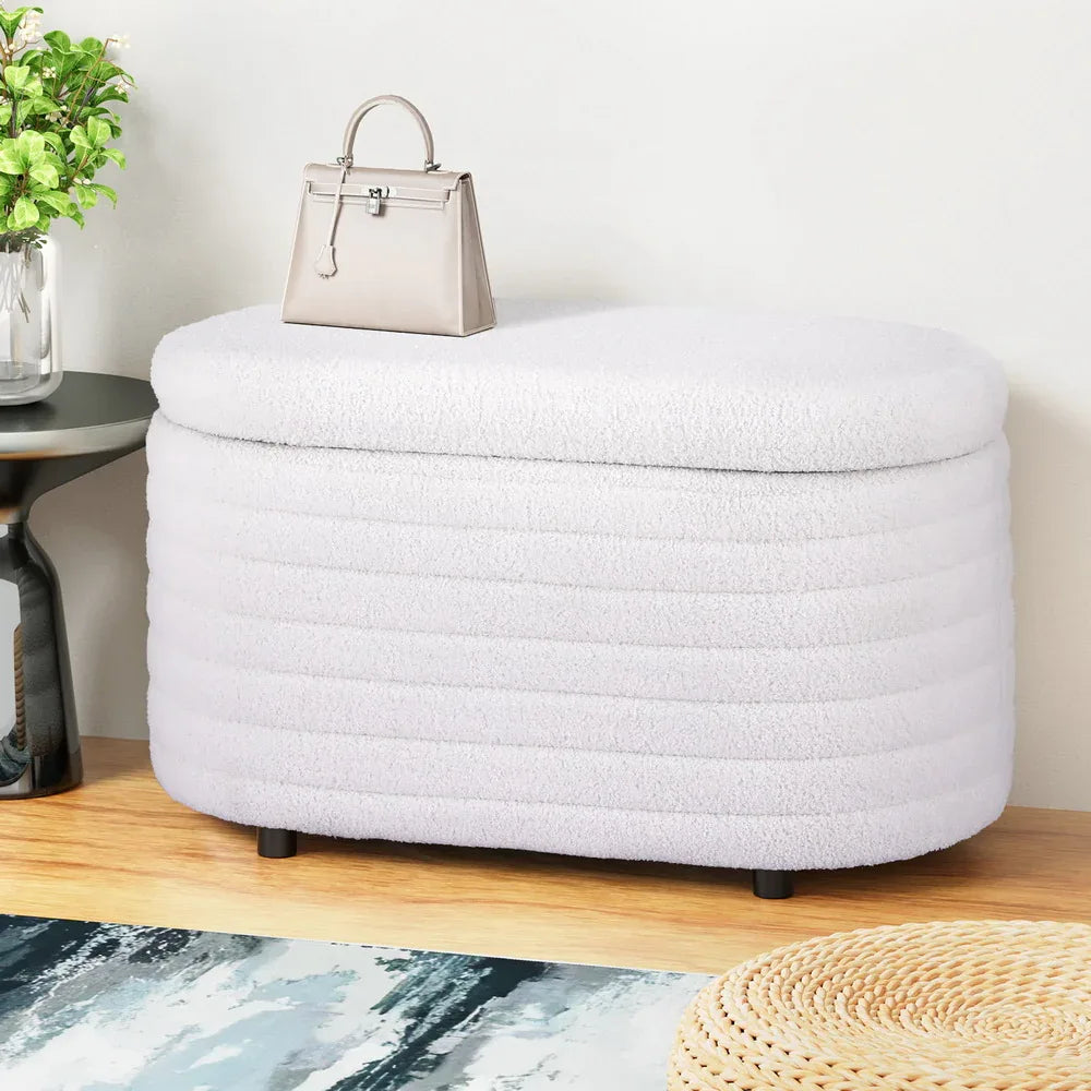 Artiss Storage Ottoman Blanket Box 87cm Boucle Fabric Oval - Mekamart Australia