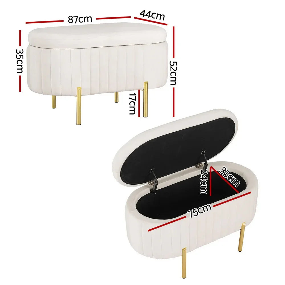 Artiss Storage Ottoman Blanket Box 87cm Velvet Oval White - Mekamart Australia