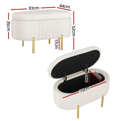 Artiss Storage Ottoman Blanket Box 87cm Velvet Oval White - Mekamart Australia