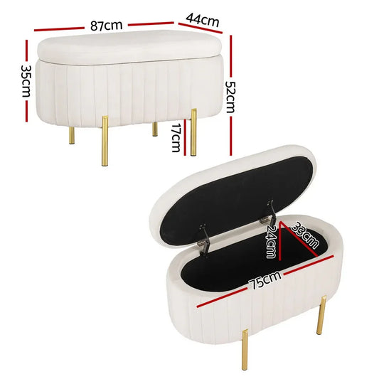 Artiss Storage Ottoman Blanket Box 87cm Velvet Oval White - Mekamart Australia