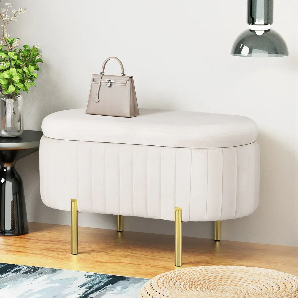 Artiss Storage Ottoman Blanket Box 87cm Velvet Oval White - Mekamart Australia