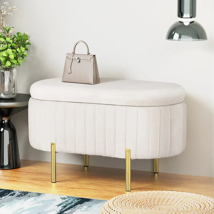 Artiss Storage Ottoman Blanket Box 87cm Velvet Oval White - Mekamart Australia