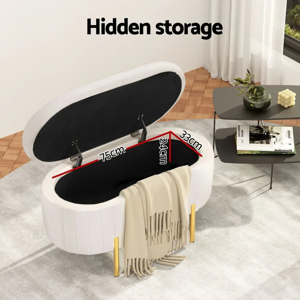 Artiss Storage Ottoman Blanket Box 87cm Velvet Oval White - Mekamart Australia