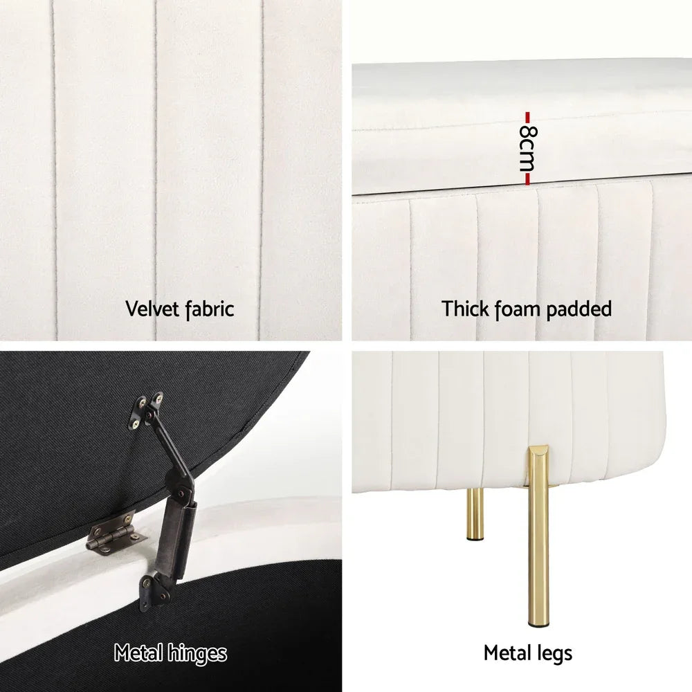 Artiss Storage Ottoman Blanket Box 87cm Velvet Oval White - Mekamart Australia