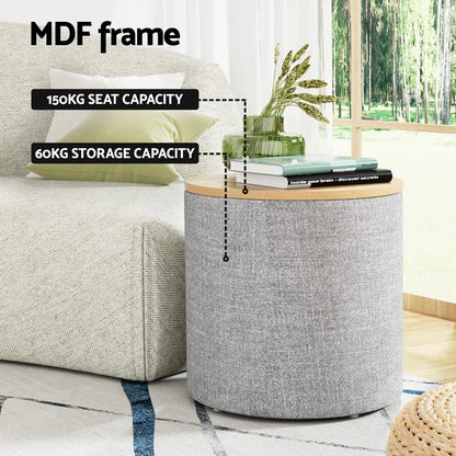 Artiss Storage Ottoman Blanket Box 40cm Linen Round Grey - Mekamart Australia