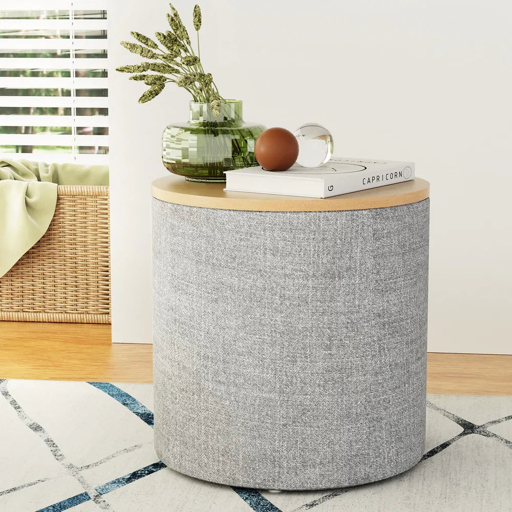 Artiss Storage Ottoman Blanket Box 40cm Linen Round Grey - Mekamart Australia