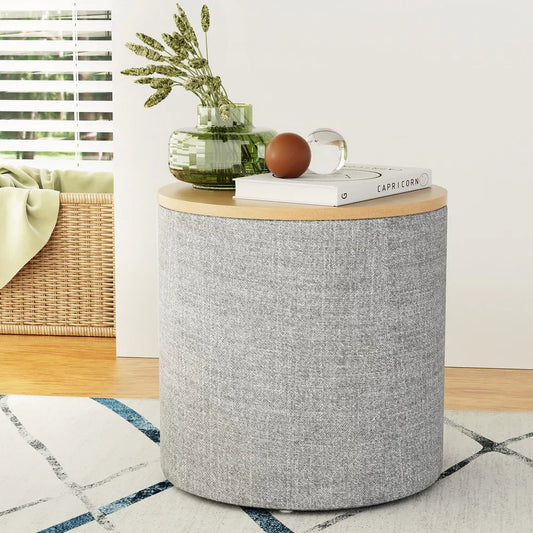 Artiss Storage Ottoman Blanket Box 40cm Linen Round Grey - Mekamart Australia