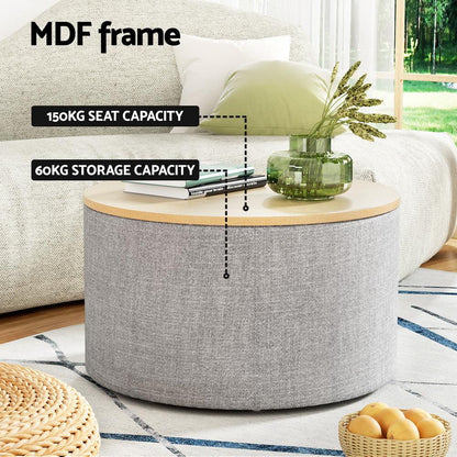 Artiss Storage Ottoman Blanket Box 60cm Linen Round Grey - Mekamart Australia