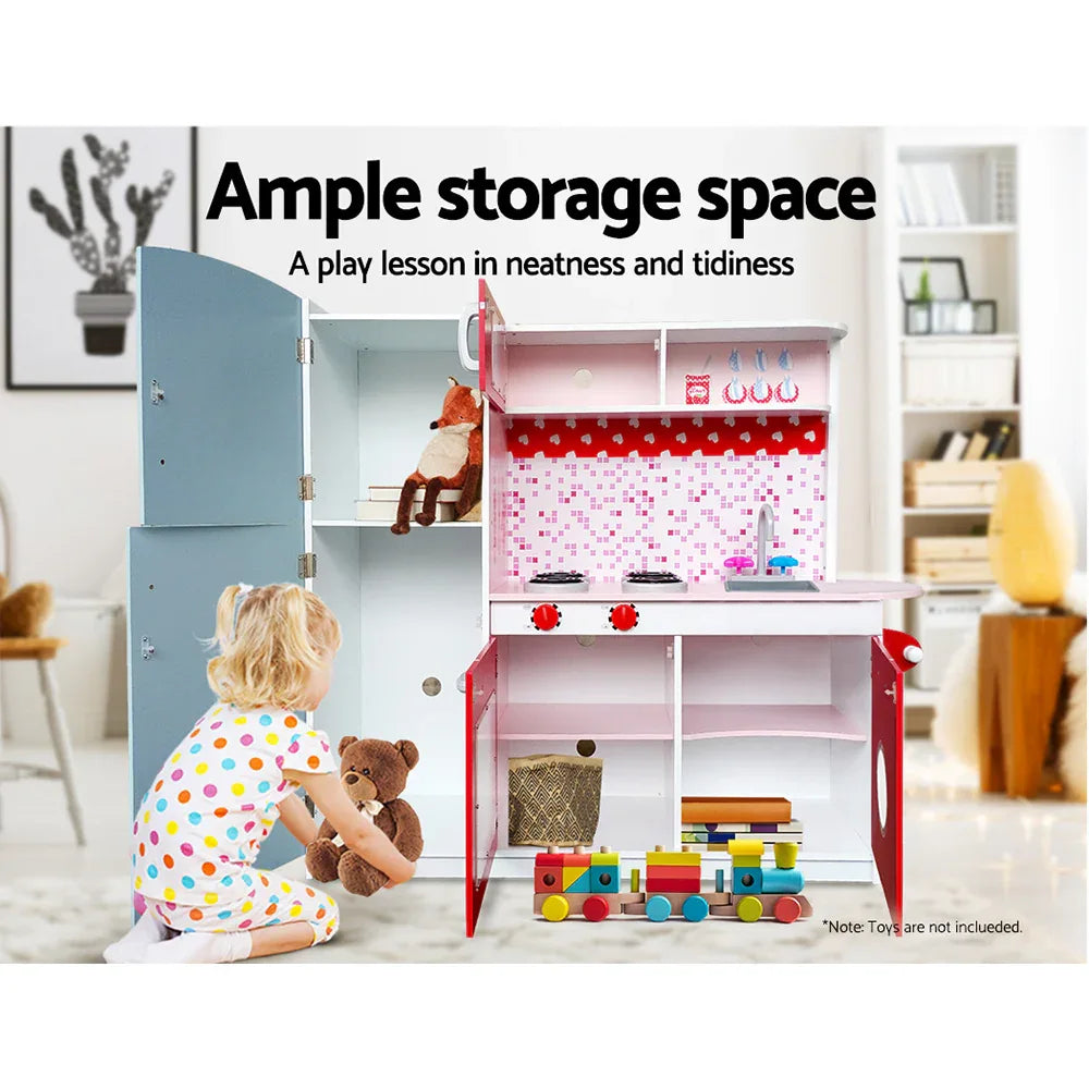 Keezi Kids Kitchen Play Set Wooden Pretend Toys Cooking Children Fridge Oven Red - Mekamart Australia