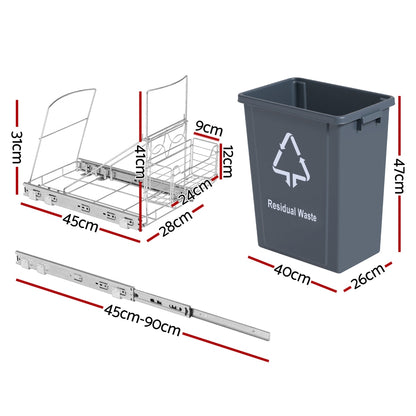Cefito Pull Out Bin Kitchen Cabinet Slide Garbage Rubbish Bins Basket 40L Grey
