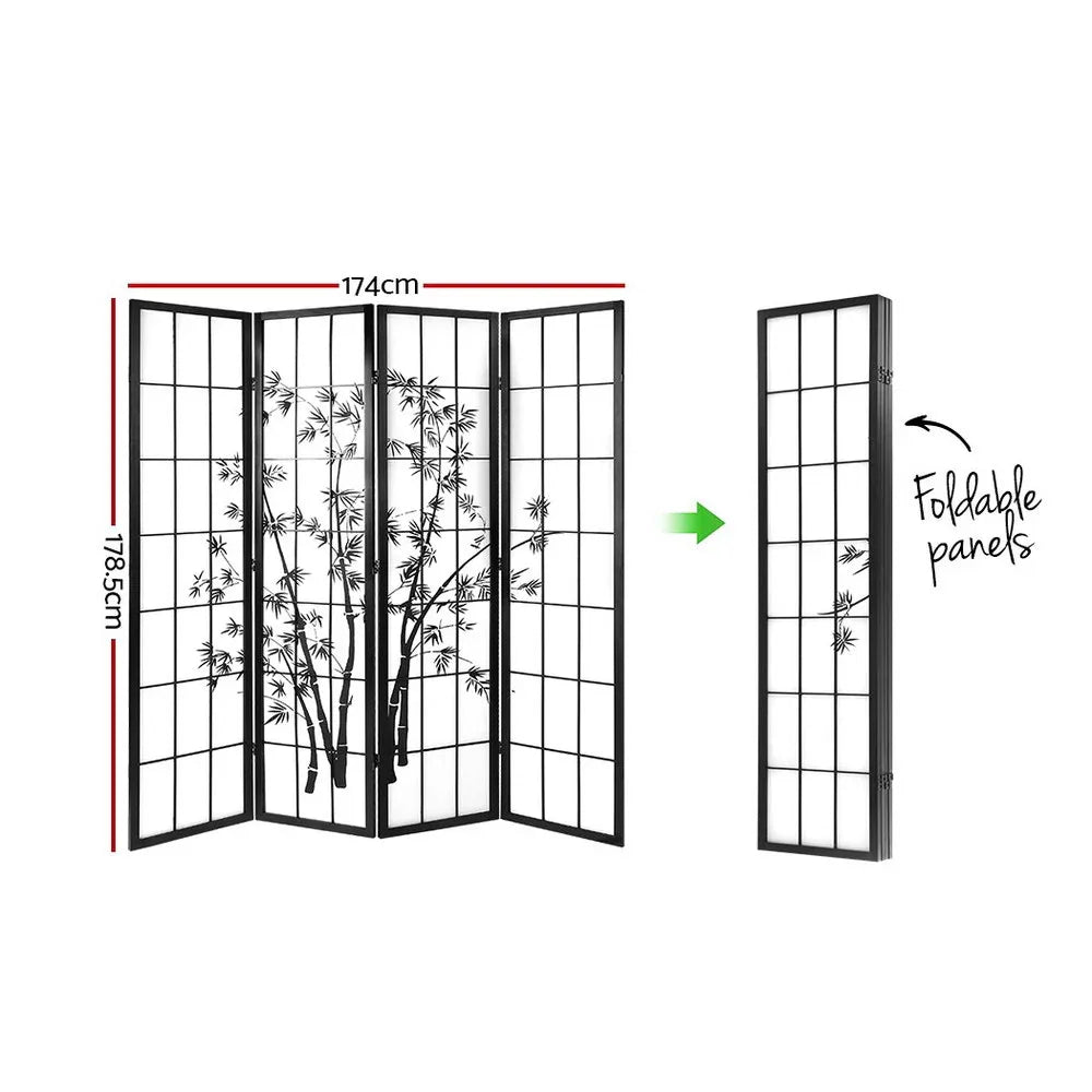 Artiss 4 Panel Room Divider Screen 174x179cm Bamboo Black White - Mekamart Australia