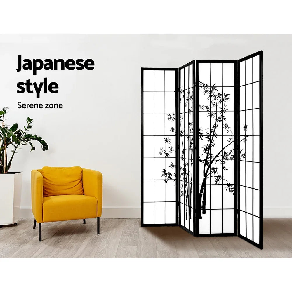 Artiss 4 Panel Room Divider Screen 174x179cm Bamboo Black White - Mekamart Australia