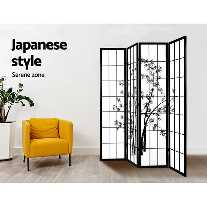 Artiss 4 Panel Room Divider Screen 174x179cm Bamboo Black White - Mekamart Australia