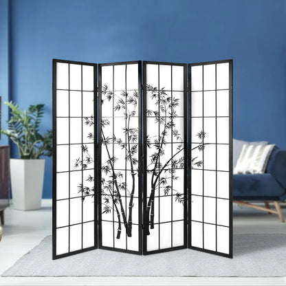 Artiss 4 Panel Room Divider Screen 174x179cm Bamboo Black White - Mekamart Australia