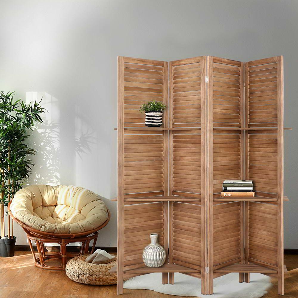 Artiss 4 Panel Room Divider Screen 163x170cm Shelf Oak - Mekamart Australia