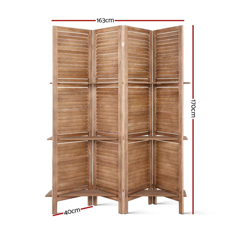 Artiss 4 Panel Room Divider Screen 163x170cm Shelf Oak - Mekamart Australia