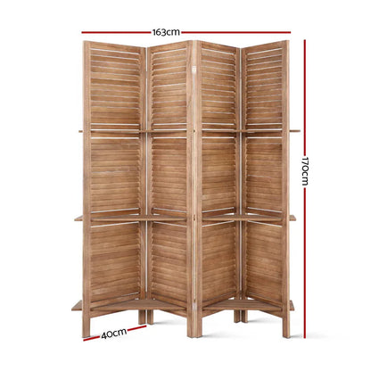 Artiss 4 Panel Room Divider Screen 163x170cm Shelf Oak - Mekamart Australia