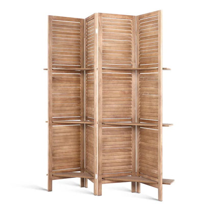 Artiss 4 Panel Room Divider Screen 163x170cm Shelf Oak - Mekamart Australia